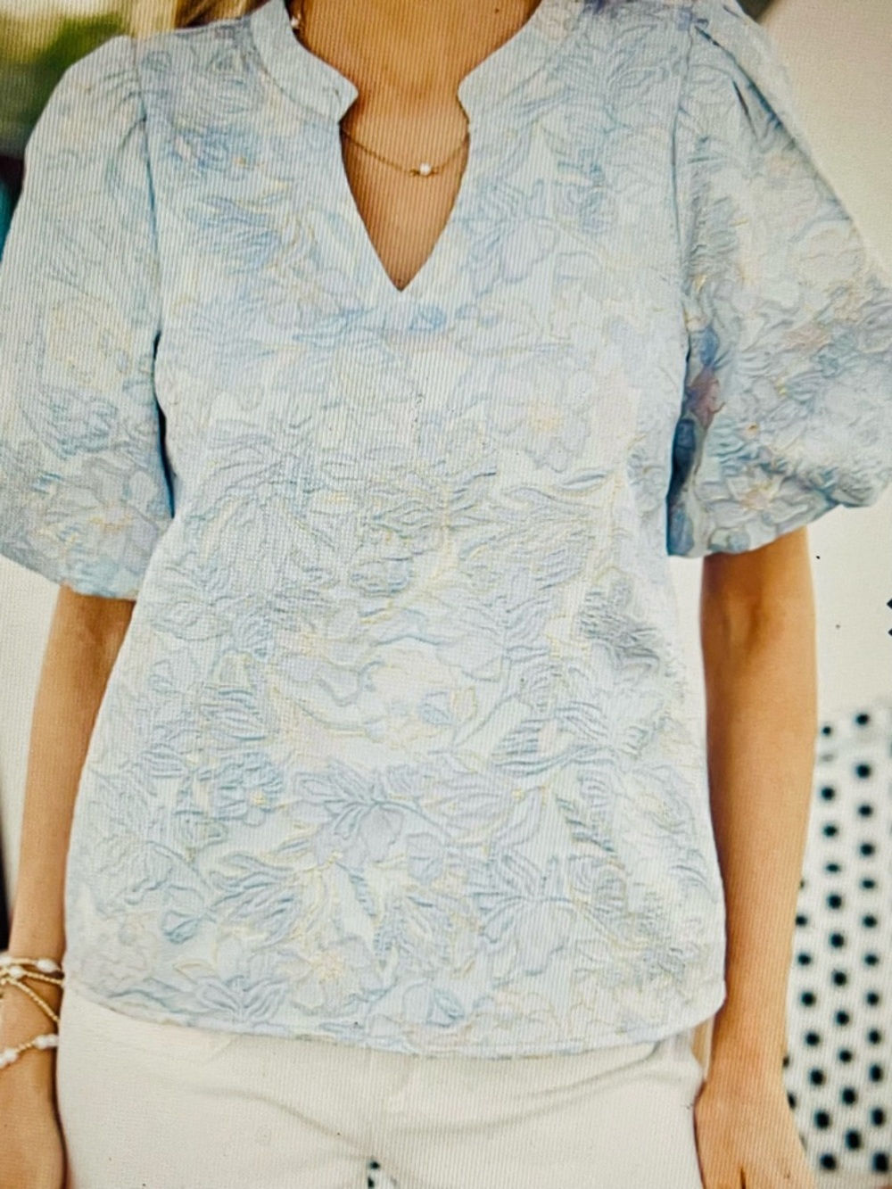 VOY Pastel Blue Floral Puff-Sleeve Blouse - Picture 10 of 11